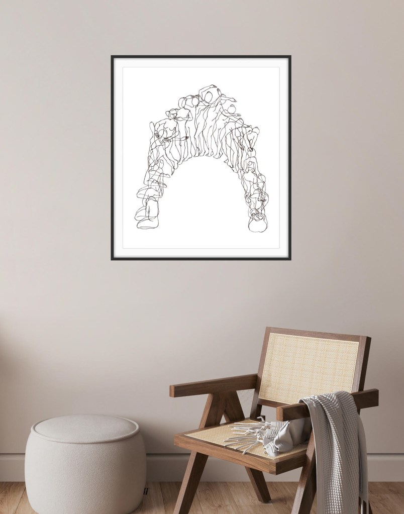 A bedroom scene highlighting a neatly arranged bed with soft, textured bedding and plush pillows. Above the bed, a framed artwork features a series of abstract, minimalist line drawings depicting human figures in various poses, adding a modern and artistic touch to the space