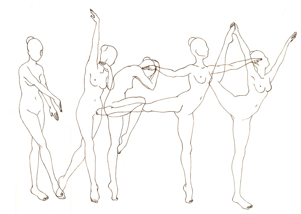 Line drawing of overlapping dancing female figures in a line