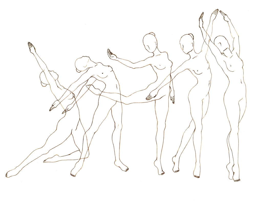 Line drawing of overlapping dancing female figures in a line