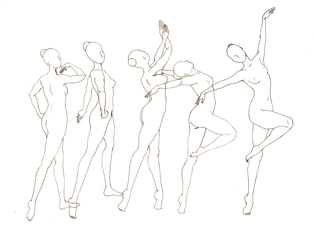 Line drawing of overlapping dancing female figures