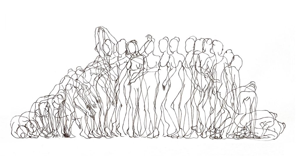 Line drawing of overlapping dancing female figures in a line