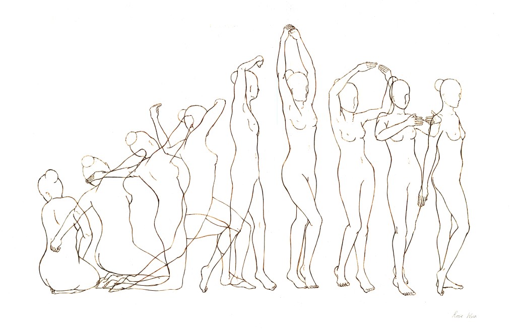 Line drawing of overlapping dancing female figures in a line