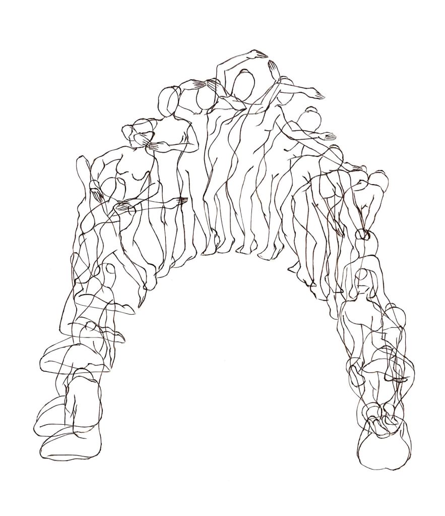 Line drawing of overlapping dancing female figures in an arch