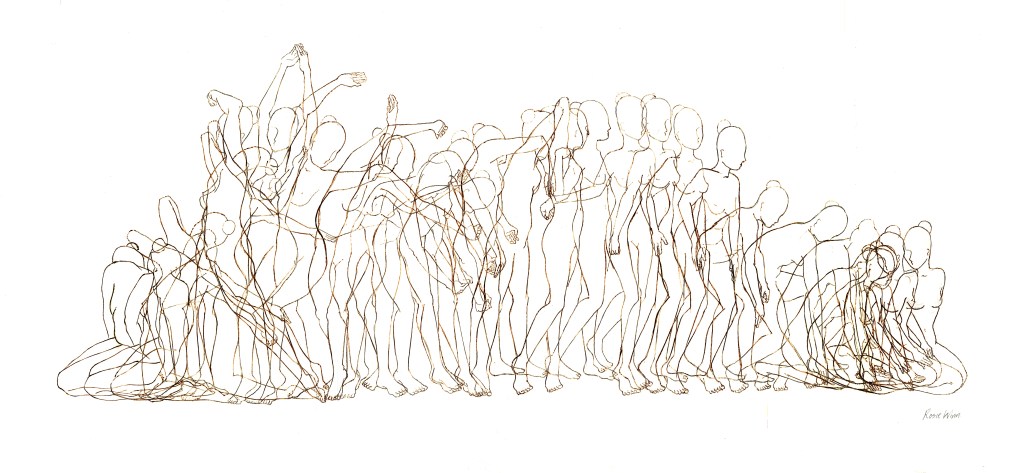 Line drawing of overlapping dancing female figures in a line