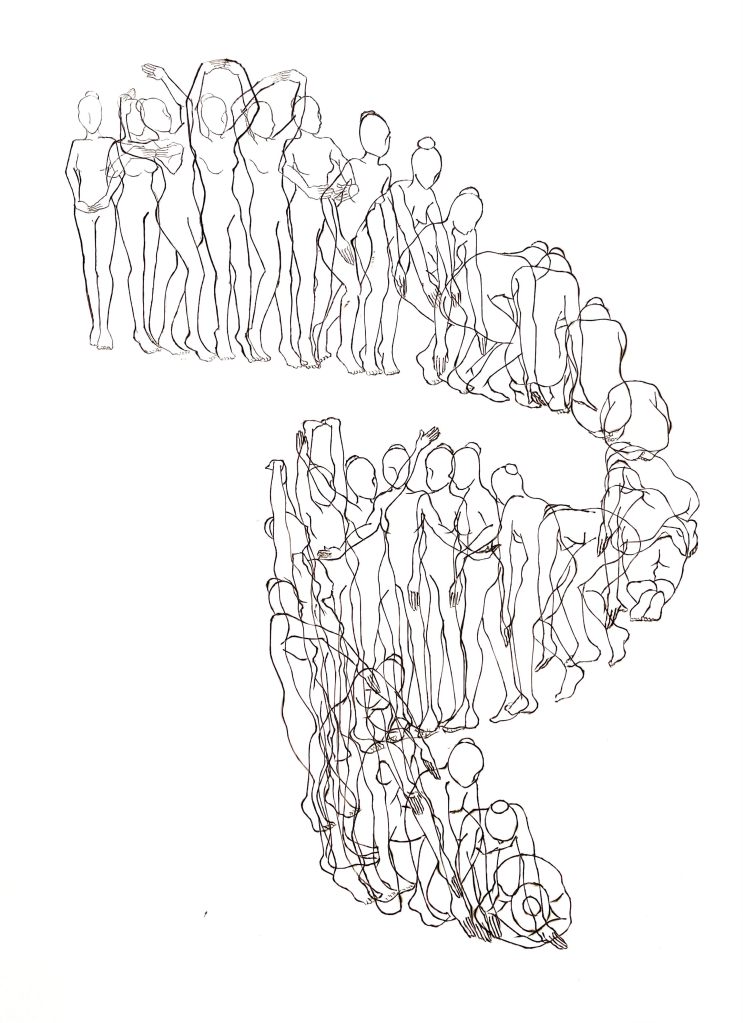 Line drawing of overlapping dancing female figures in a wave