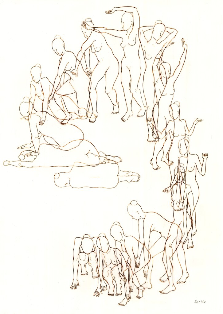 Line drawing of overlapping dancing female figures in a semi circle