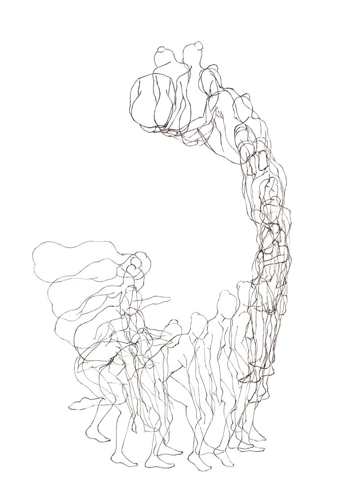 Line drawing of overlapping dancing female figures in a semi circle