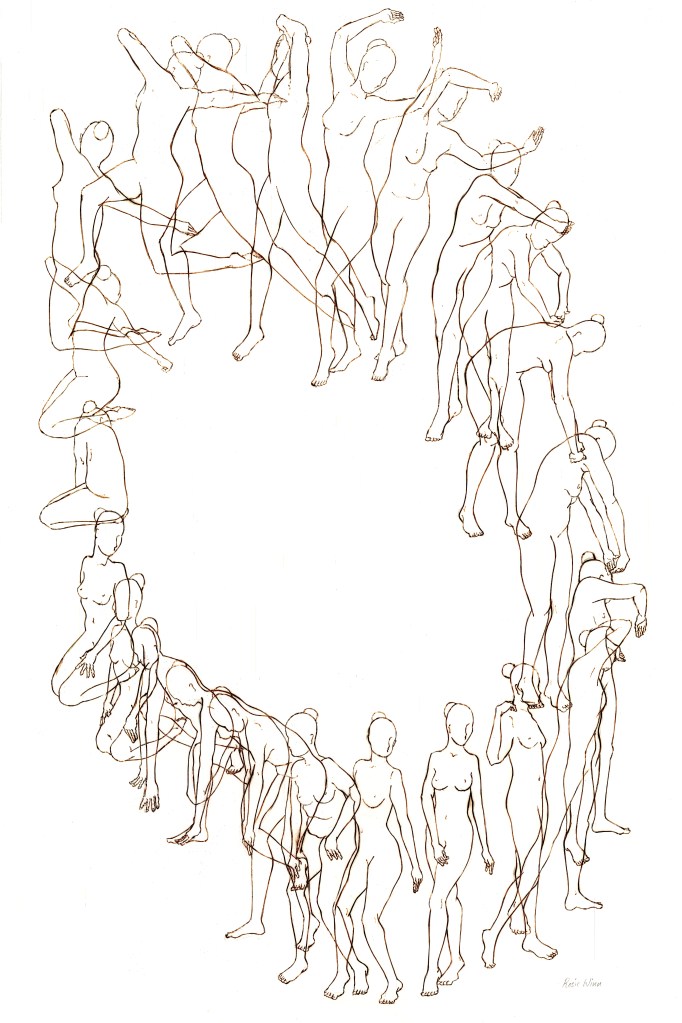 Line drawing of overlapping dancing female figures in a circle