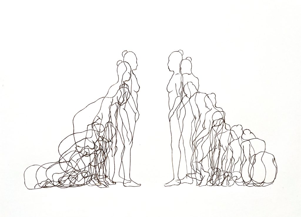 Line drawing of two sets of overlapping female figures facing each other