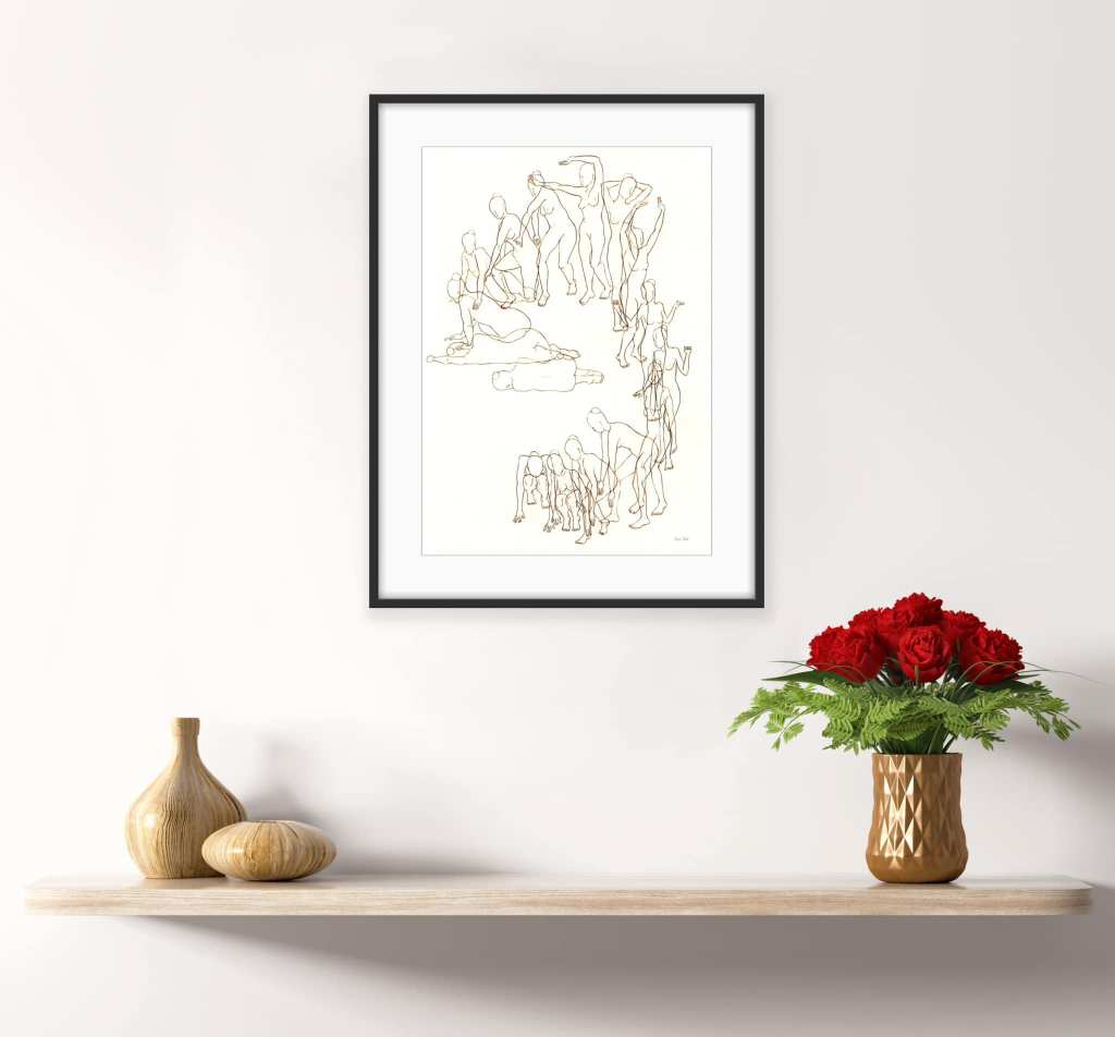 A drawing of overlapping figures hanging on wall above a shelf