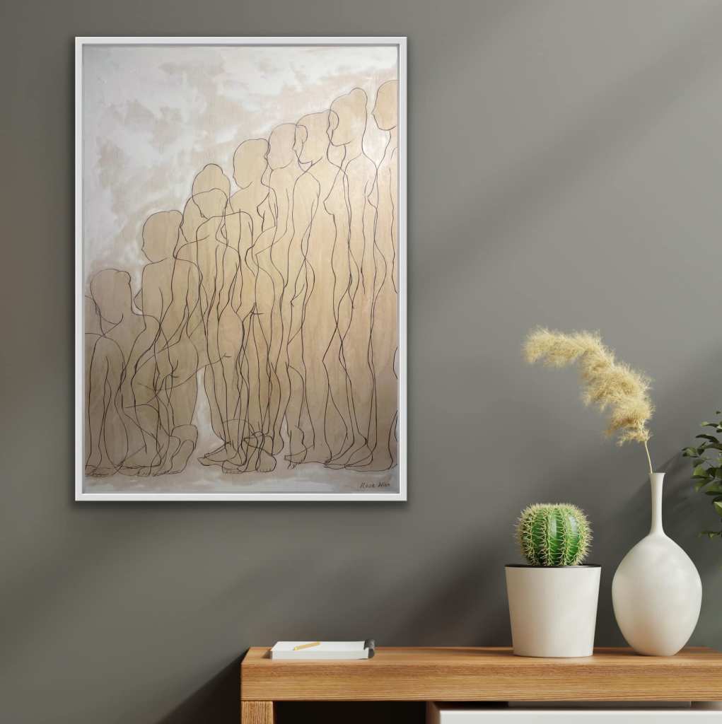 A drawing of overlapping figures hanging on wall above a sideboard with vase and plants on.