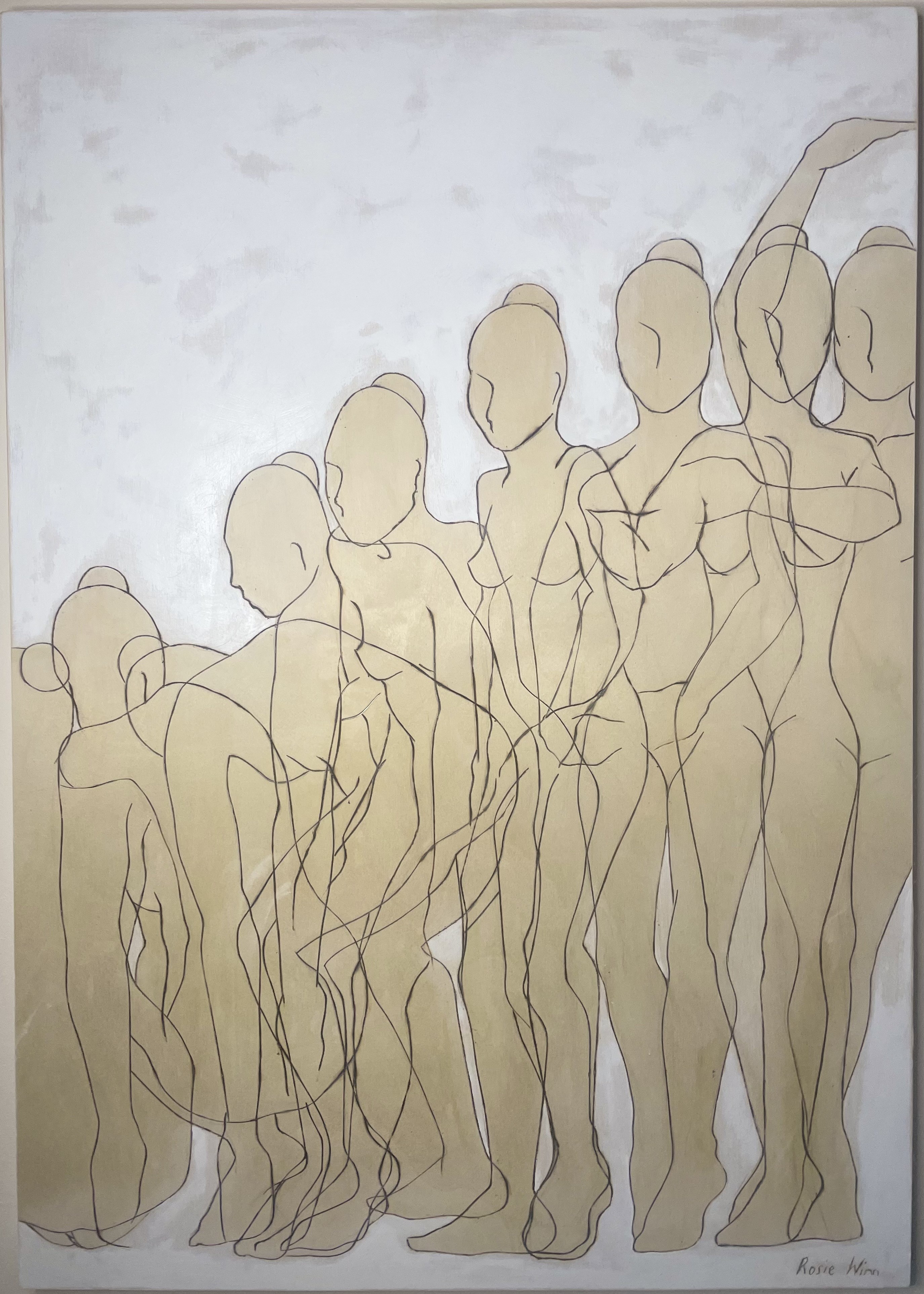 Line drawing on wood of overlapping female figures