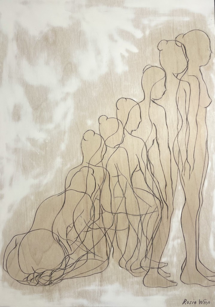 Line drawing on wood of overlapping female figures