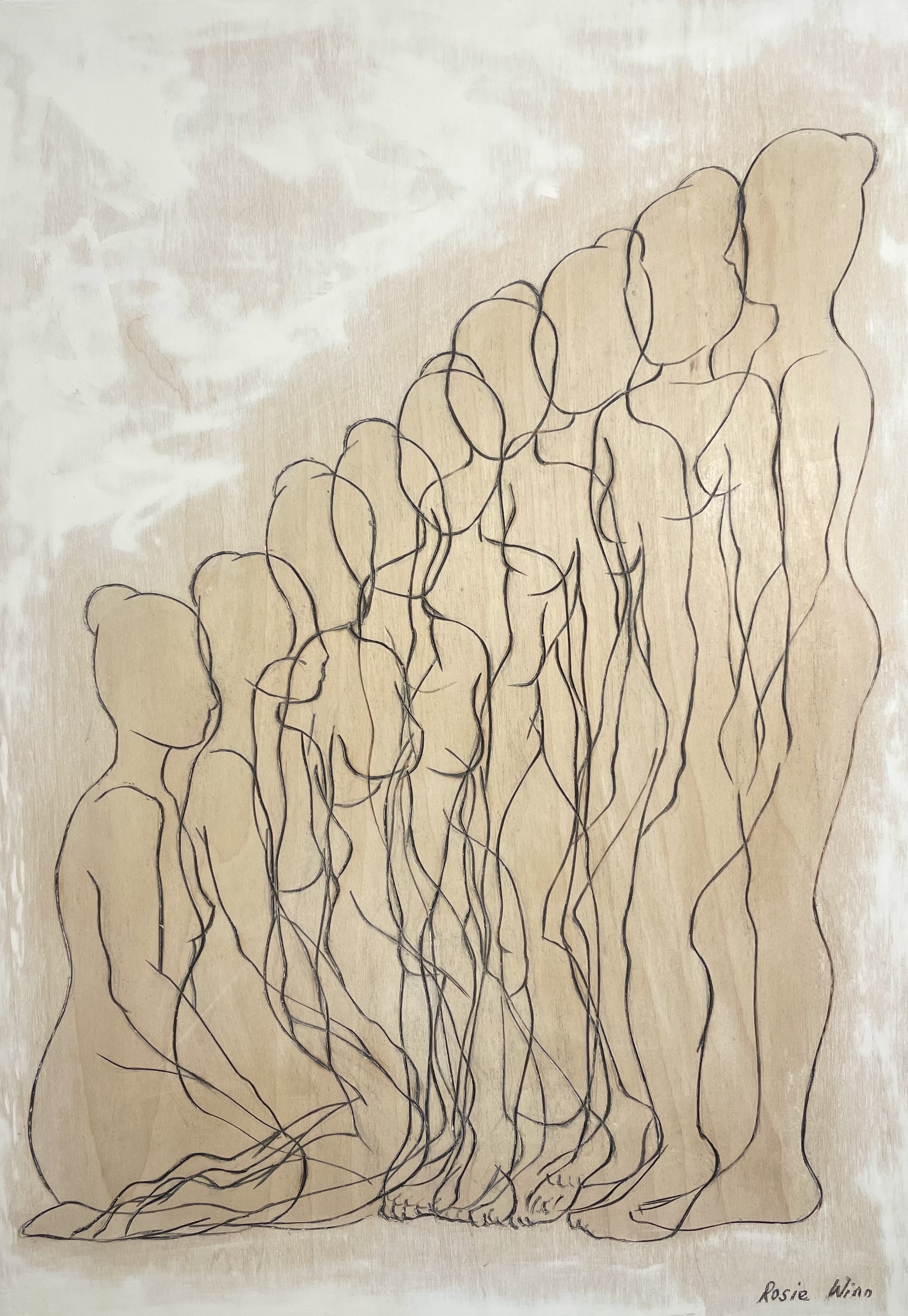 Line drawing on wood of overlapping female figures