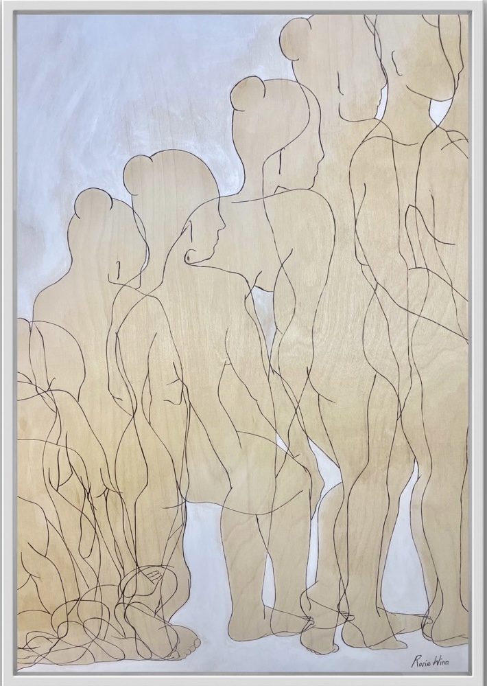 Line drawing on wood of overlapping female figures