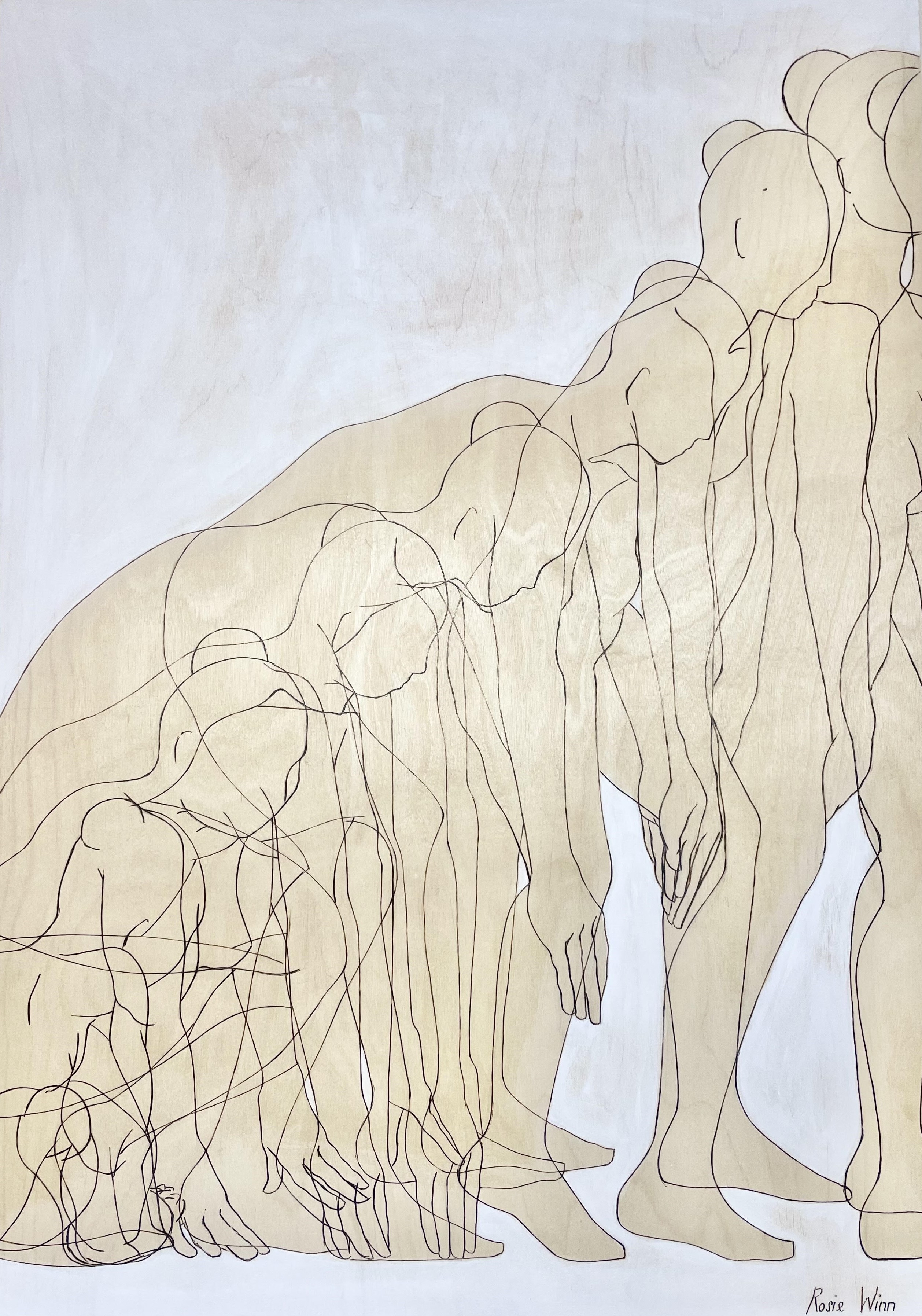Line drawing on wood of overlapping female figures